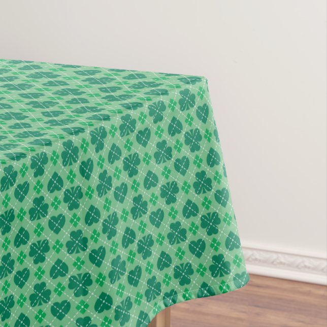 Green Shamrocks and Hearts Argyle Pattern Tablecloth (In Situ)