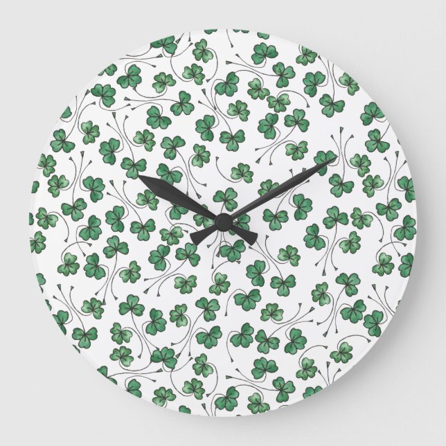 Green Shamrocks Ditsy Pattern on White Wall Clock (Front)