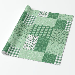 Green Shamrocks Faux Patchwork Wrapping Paper
