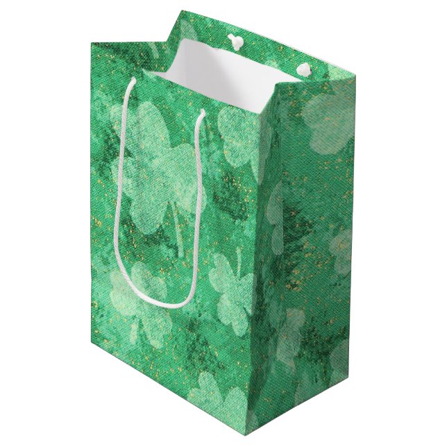 Green Shamrocks on Green Medium Gift Bag (Front Angled)