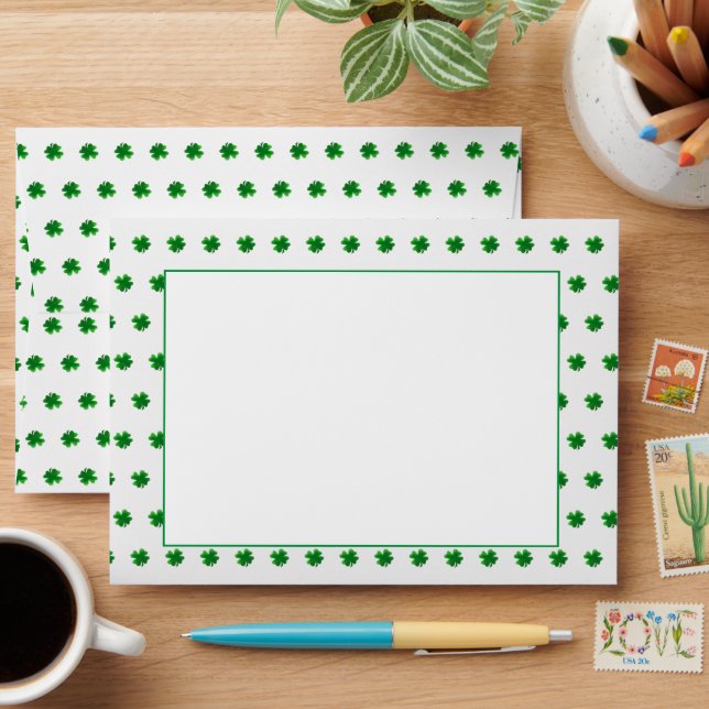Green Shamrocks on White Envelope (Desk)