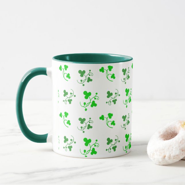 Green Shamrocks Pattern Mug (With Donut)