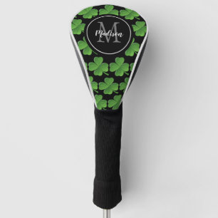 Green Shamrocks Pattern Script Monogram Name Golf Head Cover