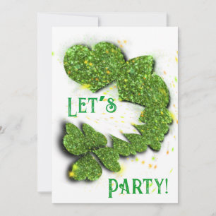 Green Shamrocks   sparkling hearts  Invitation