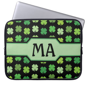 Green Shamrocks with Monogram Initials  Laptop Sleeve