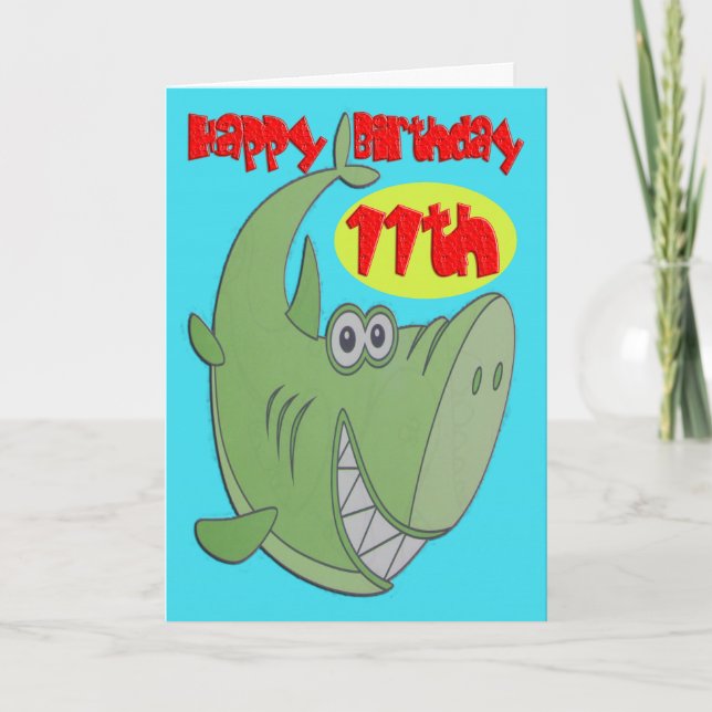 Green Shark Eleventh Birthday Card (Front)