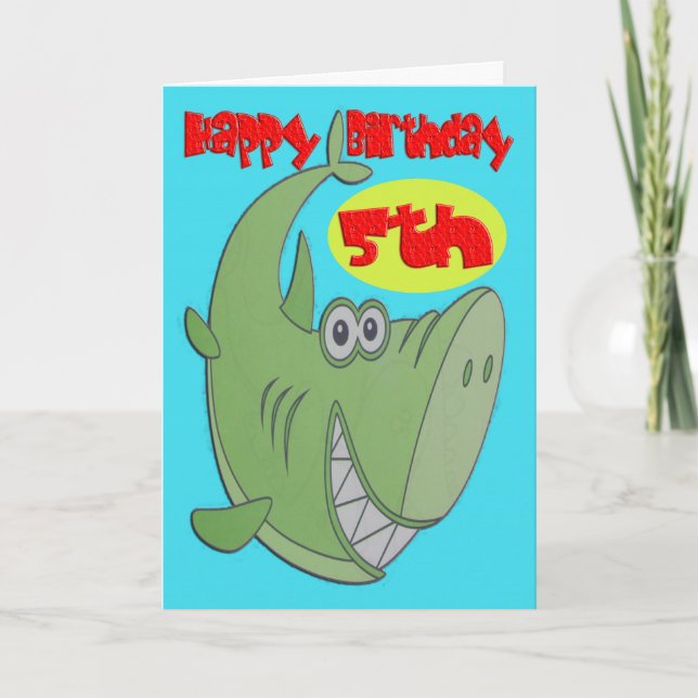 Green Shark Fifth Birthday Card (Front)
