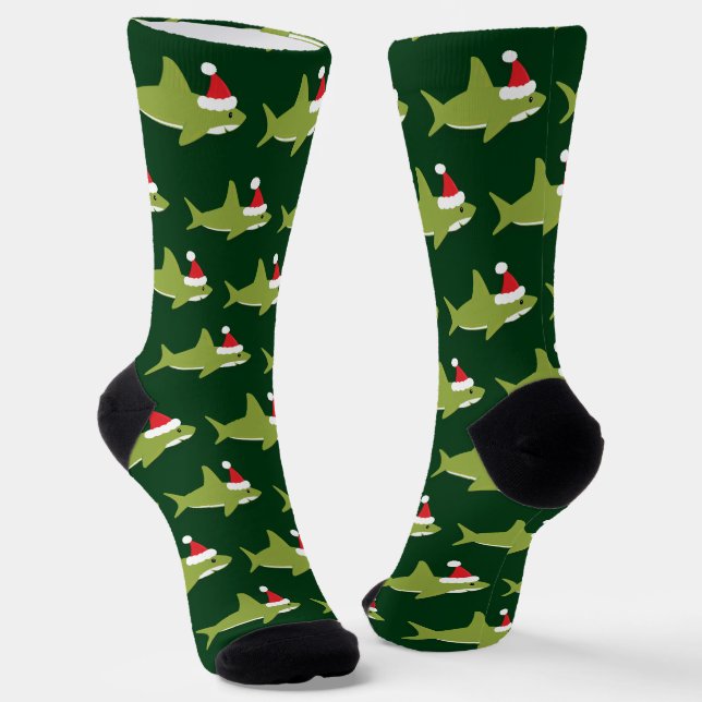 Green Shark Santa Hat Christmas Socks (Angled)
