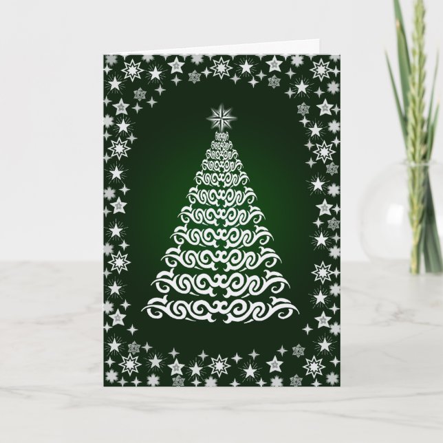 Green Shining Stars Carte de voeux d'arbre de Noël (Devant)