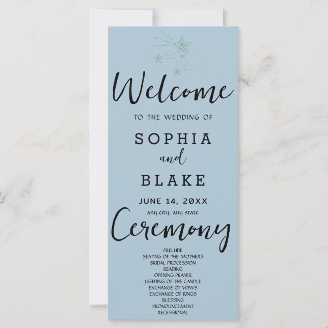 Green Shooting Stars Blue Grey Wedding Program (Front)