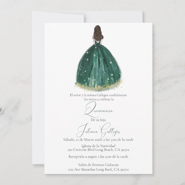 Green silhouette Quinceañera invitation (Front)