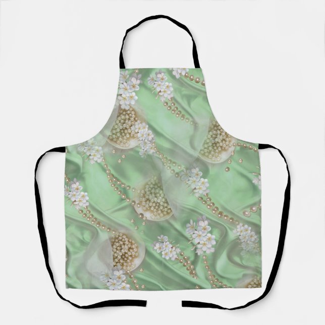 Green Silk & Ivory Champaign Pearls All-Over-Print Apron (Front)