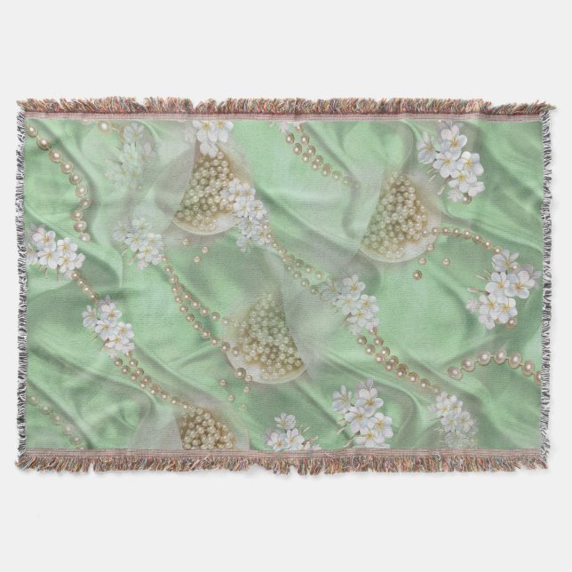 Green Silk & Ivory Champaign Pearls Throw Blanket (Front)