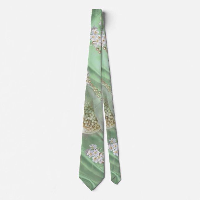 Green Silk & Ivory Champaign Pearls Tie (Front)