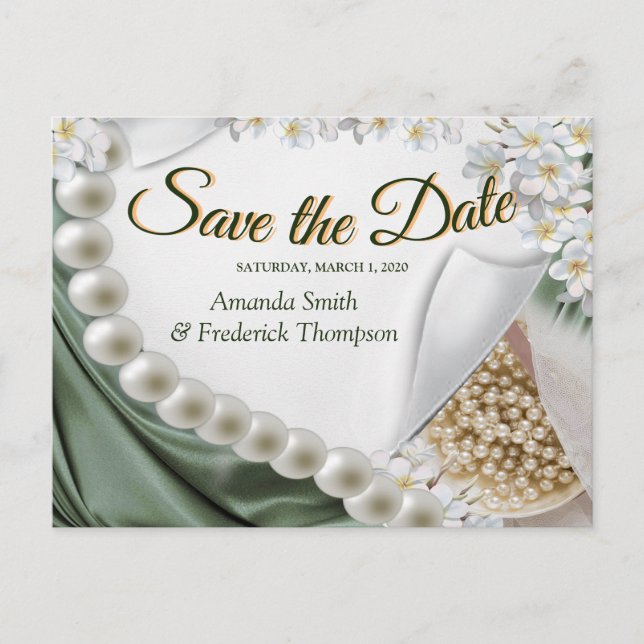 Green Silk  & Ivory Pearls Save the Date Announcement Postcard (Front)