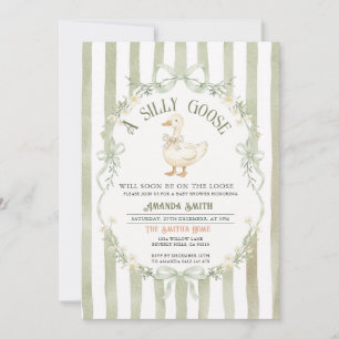 Green Silly Goose Baby Shower Preppy Strpes Invitation