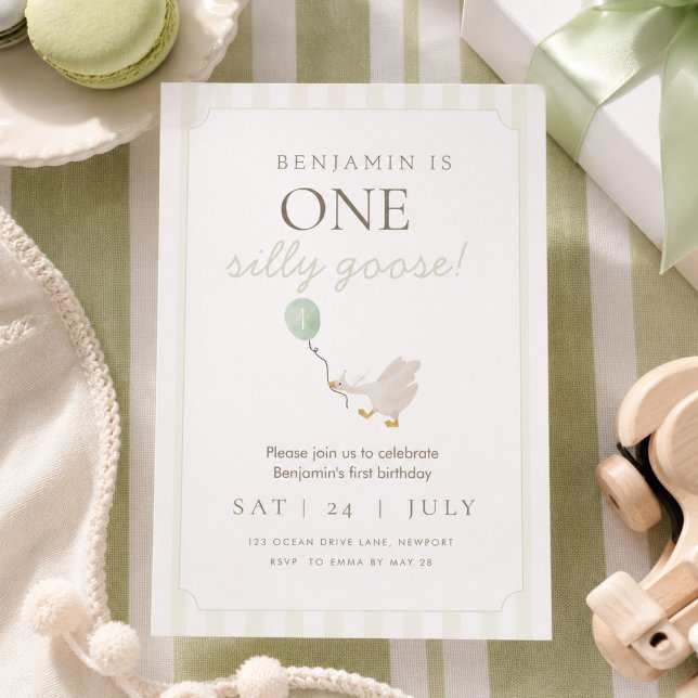 Green Silly Goose First Birthday Invitation (Creator Uploaded)