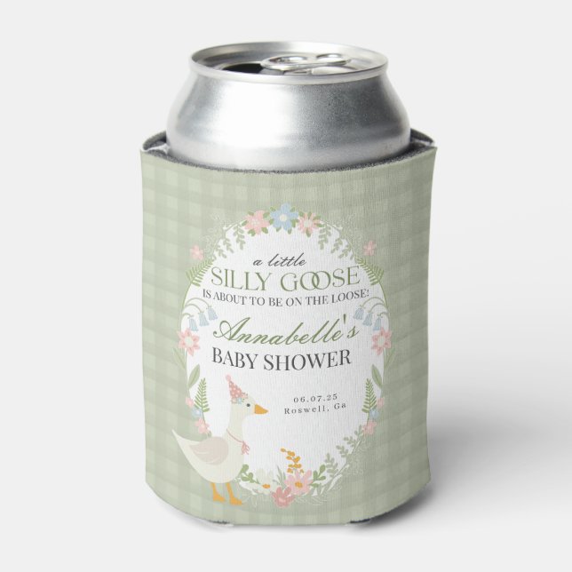 Green Silly Goose Floral Gingham Baby Shower Favou Can Cooler (Can Front)