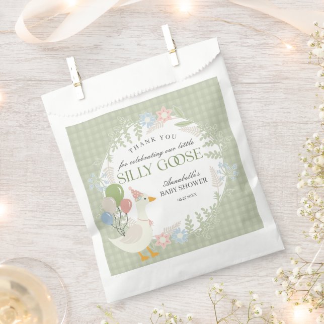 Green Silly Goose Floral Gingham Baby Shower Favour Bag (Clipped)