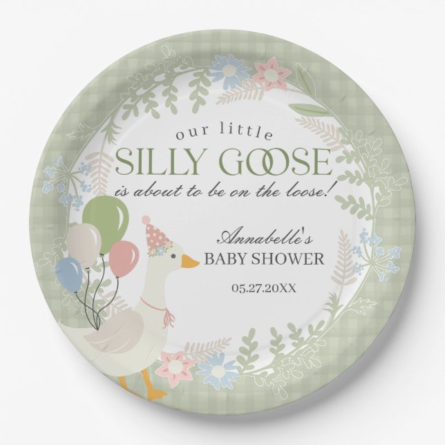 Green Silly Goose Floral Gingham Baby Shower Paper Plate (Front)
