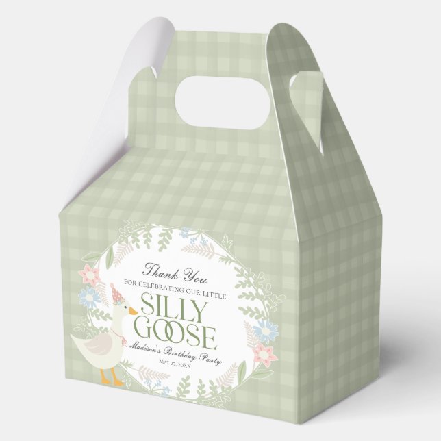 Green Silly Goose Floral Gingham Birthday Favor Box (Front)