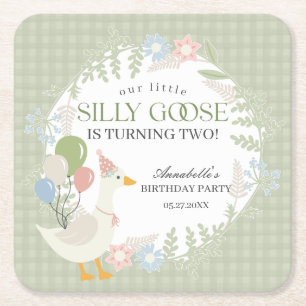 Green Silly Goose Floral Gingham Birthday Square Paper Coaster