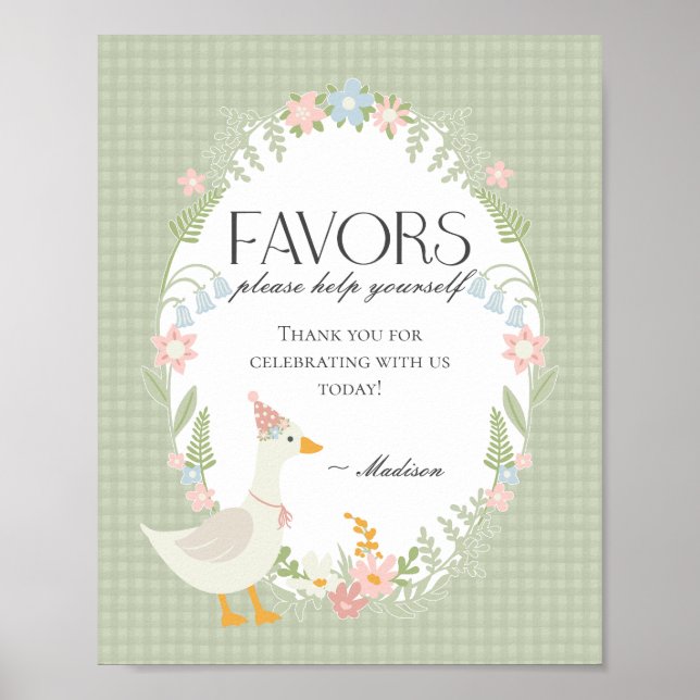 Green Silly Goose Floral Gingham Favours Sign (Front)