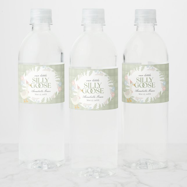Green Silly Goose Floral Gingham Water Bottle Label (Bottles)