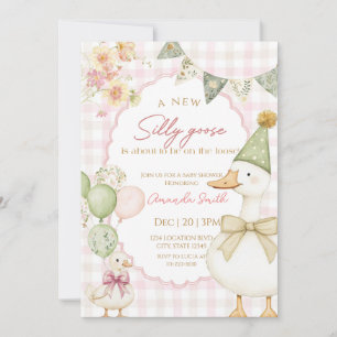 Green Silly Goose Pink Gingham Baby shower  Invitation