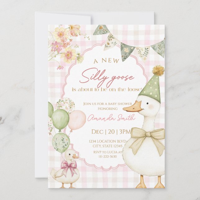 Green Silly Goose Pink Gingham Baby shower  Invitation (Front)