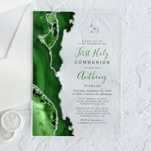 Green Silver Agate First Holy Communion Acrylic Invitations