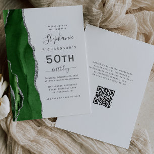 Green Silver Agate QR Code 50th Birthday Invitation