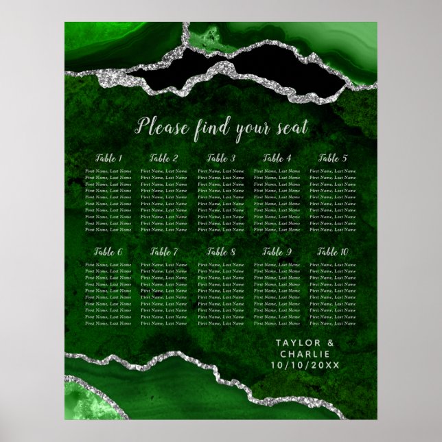 Green Silver Agate Wedding 10 Table Seating Chart (Front)