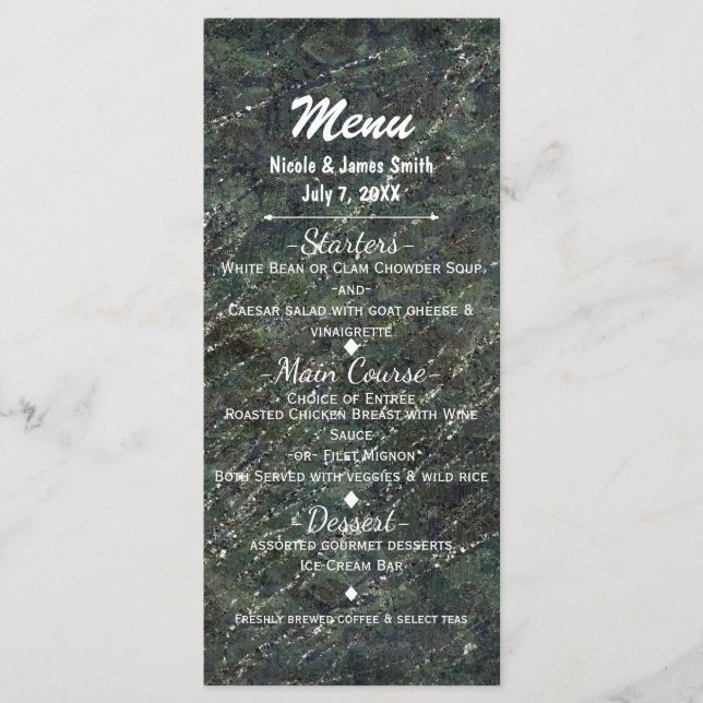 Green & Silver Army Camo Sparkle Glam Party Menu (Front)