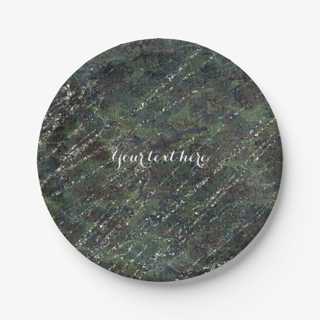 Green & Silver Army Camo Sparkle Glam Party Paper Plate (Front)