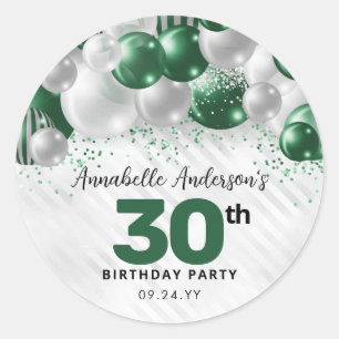 Green Silver Balloon Glitter Glam Favour Birthday Classic Round Sticker