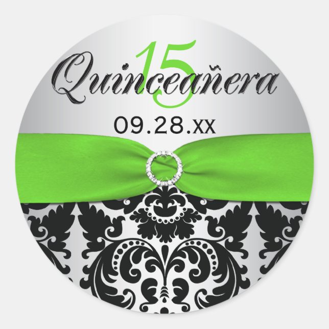 Green, Silver, Black Damask Quinceanera Sticker (Front)