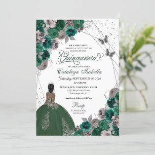 Green Silver Butterfly Princess Quinceanera Invitation
