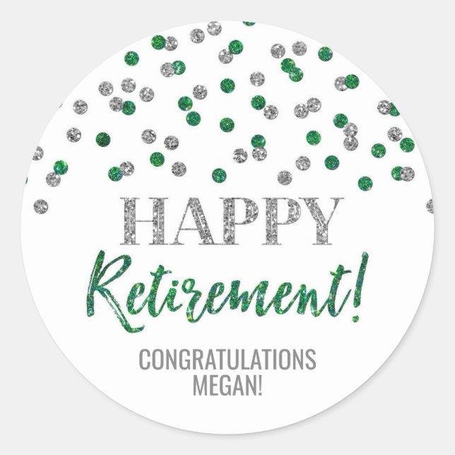 Green Silver Confetti Happy Retirement Classic Round Sticker (Front)