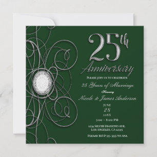 Green & Silver Diamond 25 25th Anniversary Party Invitation