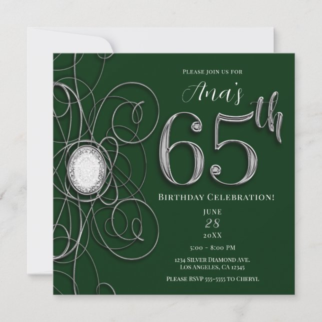 Green & Silver Diamond 65 65th Birthday Party Invitation (Front)