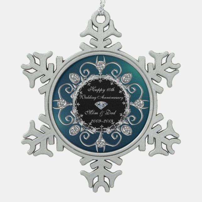 Green Silver Diamonds 10th Wedding Anniversary Snowflake Pewter Christmas Ornament (Front)