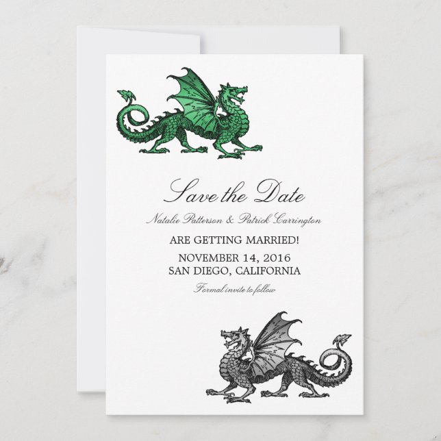 Green Silver Dragon Save the Date Invite (Front)