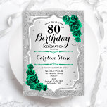 Green Silver Elegant Floral 80th Birthday Invitation<br><div class="desc">80th Birthday Party Invitation. Elegant floral emerald green design with roses. Features faux glitter silver stripes and script font. Perfect for a stylish womens bday celebration. Can be customized for any age! Printed Zazzle invitations or instant download digital printable template.</div>