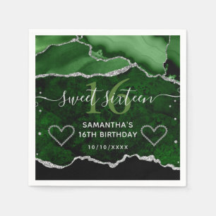 Green & Silver Faux Glitter Agate Marble Sweet 16 Napkin