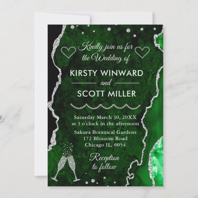 Green & Silver Faux Glitter Agate Marble Wedding Invitation (Front)