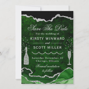 Green & Silver Faux Glitter Marble Agate Wedding Save The Date