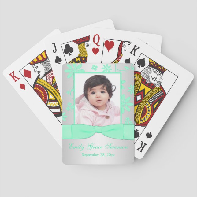 Green, Silver Floral Photo Playing Cards (Back)