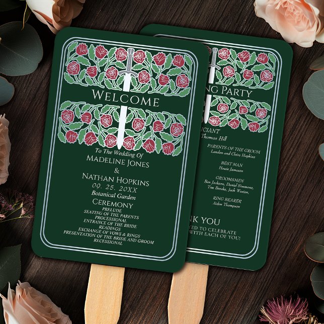 Green Silver Floral Sword Royal Wedding Program Hand Fan (Creator Uploaded)