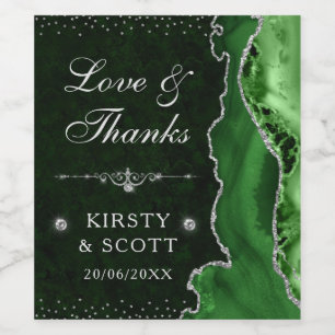 Green & Silver Glitter Agate and marble Wedding Wine Label